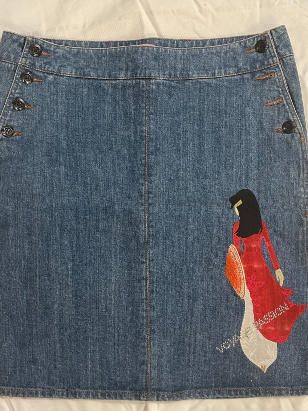 Voyage Passion Donna Denim Skirt Embroidered Geisha Rhinestone Sz 10
